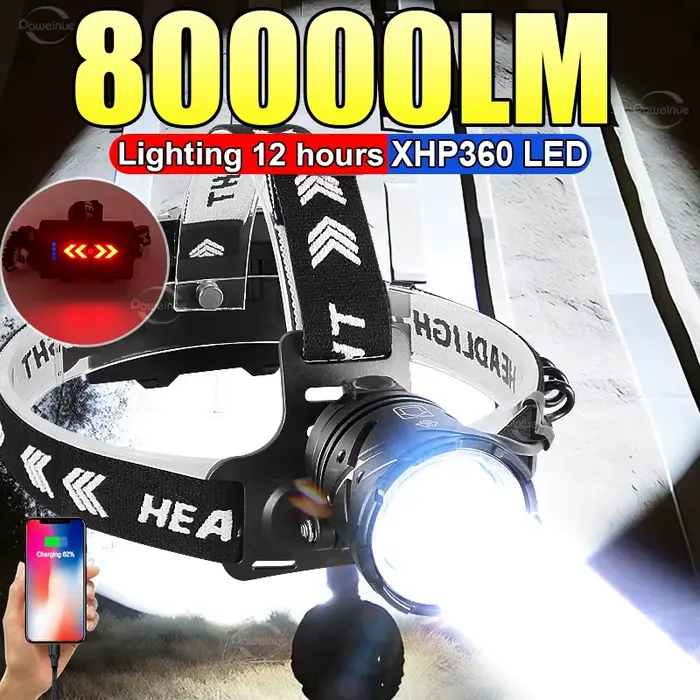 Lampe frontale pêche 80000lm rechargeable USB grand angle XHP360 pour pêche en mer et rivière