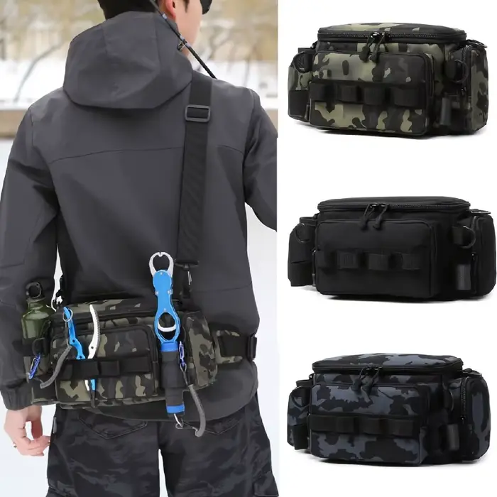 Sac de pêche ceinture banane pour leurres et accessoires, rangement utilitaire pêche et camping