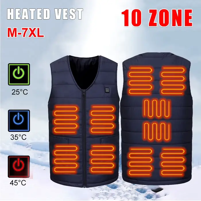 Veste chauffante homme sans manches 10 zones chauffantes 3 températures pour pêche hiver M-7XL