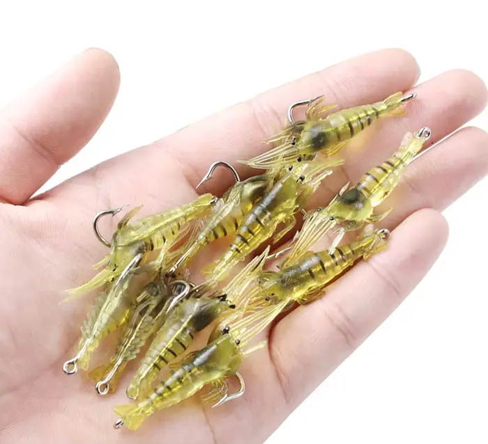 Leurres souples lumineux 10 pcs crevettes artificielles avec hameçons pour pêche carpe et carnassiers