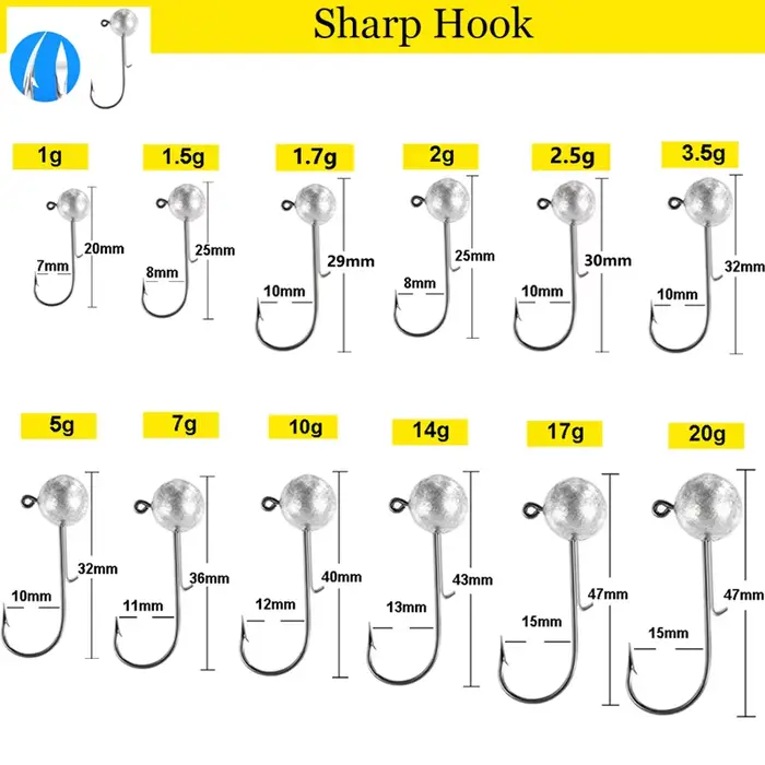 Lot de 10 hameçons plombés tête ronde anti-herbe 1g à 20g pour pêche aux leurres souples