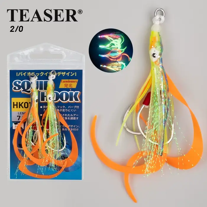 Leurre souple calamar fluo HK018 avec hameçons assistés pour pêche en mer et jigging lent