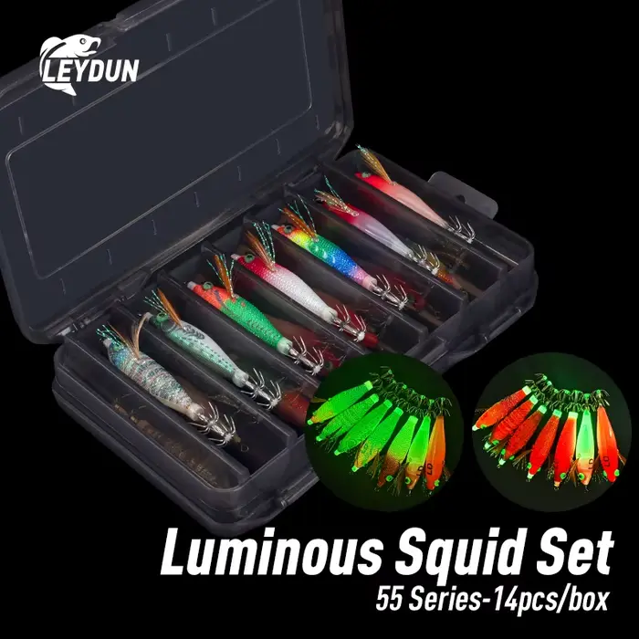 Set 14 leurres calmar LEYDUN lumineux - Hameçons BKK pour pêche horizontale intensive