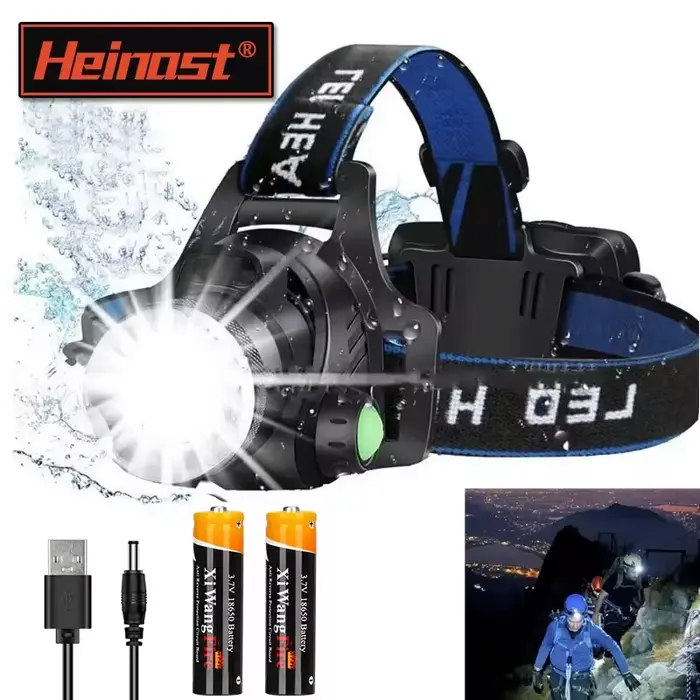 Lampe frontale LED T6 waterproof pour pêche - 3 modes et zoom, alimentation 2x18650 batteries