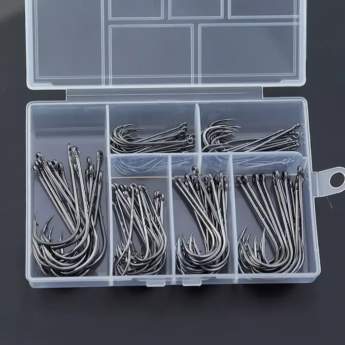 Boîte de 110 hameçons longue tige barbelés acier carbone pour pêche mer avec double appât - Hameçons océan