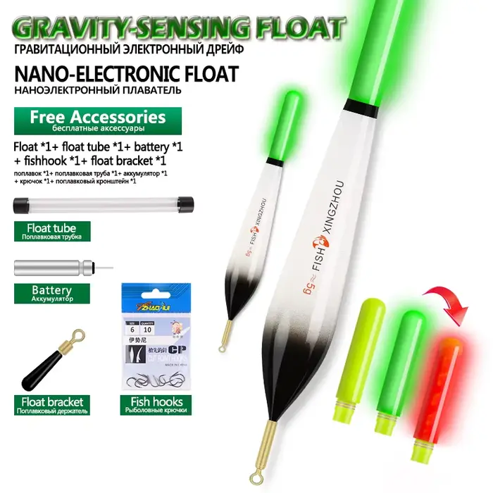 Flotteur lumineux à capteur de gravité et hameçons, kit pêche électro-composite nano avec repose-canne et accessoires