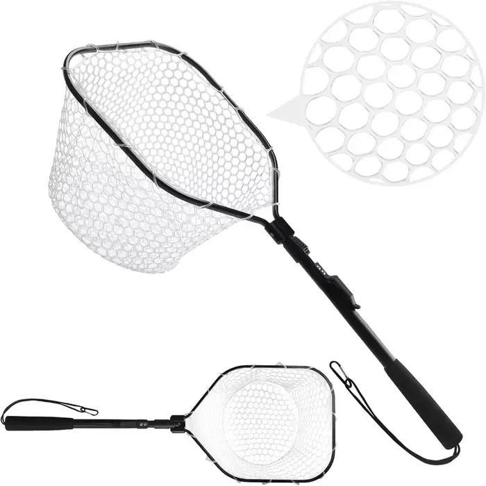Filet de réception pêche mouche en mesh caoutchouc doux avec manche aluminium léger et portable