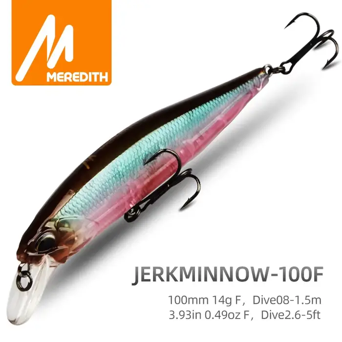 Leurre dur flottant MRERDITH JERK MINNOW 100F 14g, leurre pêche pro qualité, nage profonde 0.8-1.0m, 24 coloris