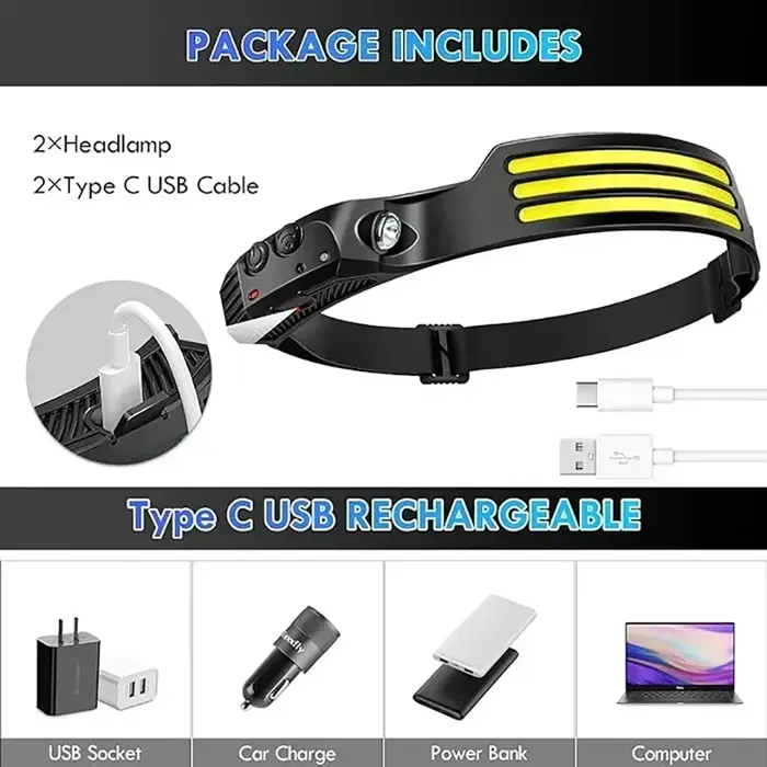 Lampe frontale COB LED induction rechargeable USB étanche pour pêche nocturne et vélo