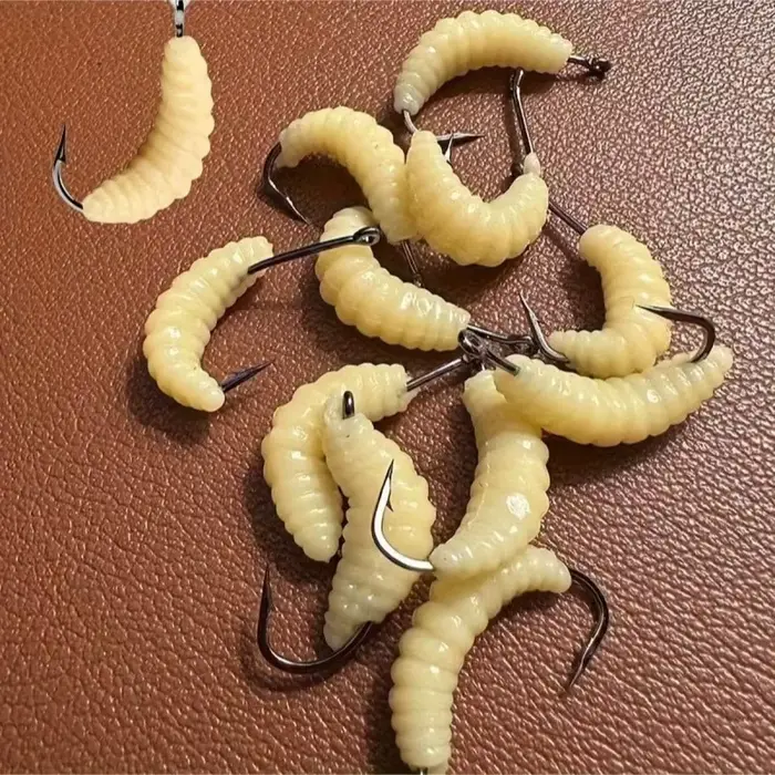 Kit asticots en caoutchouc avec hameçons - Leurres vers pour truite, perche et poissons blancs