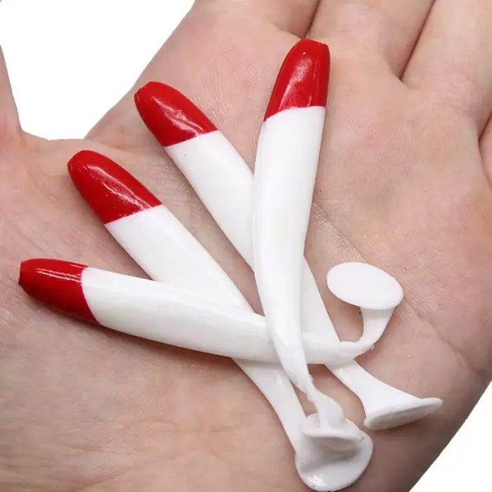 Leurre Souple T-tail Bionique 7 à 12 cm, Tête Rouge Corps Blanc, 10 Leurres par Sachet