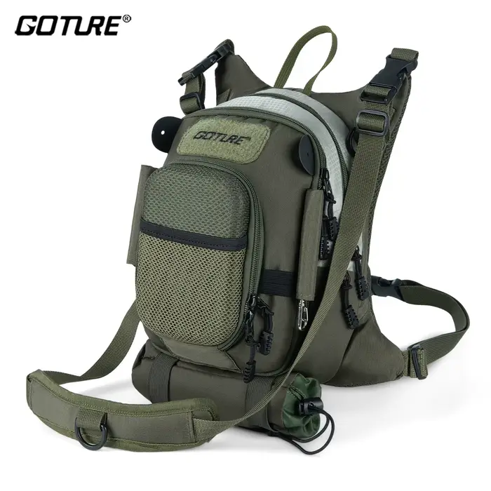 Sac poitrine pêche mouche léger Goture - Rangement matériel réglable - Bandeau ceinture rembourré