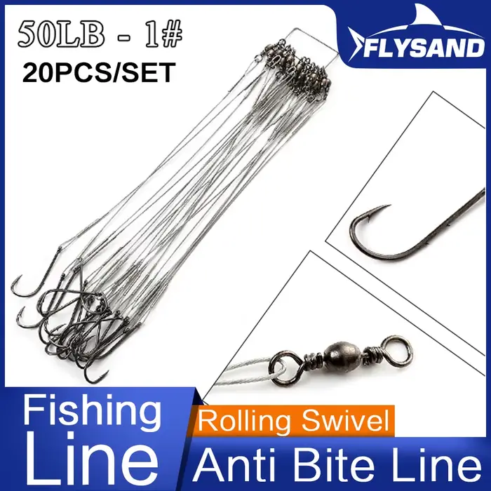 Ligne acier anti-morsure FLYSAND avec hameçon #1 et émerillon 50LB 20 pièces