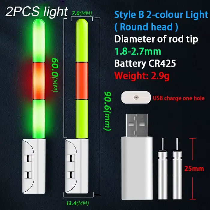 2 pièces lumières avertissement flotteurs bâton LED recharge USB tige canne pêche nocturne