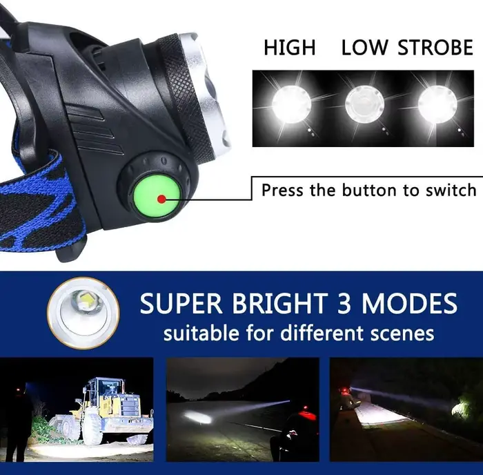 Lampe frontale pêche puissante LED rechargeable DC 18650 zoomable étanche haute luminosité pêche
