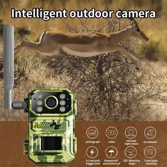 Caméra de chasse solaire 4MP 4G avec carte SIM - Détection PIR et vision nocturne infrarouge