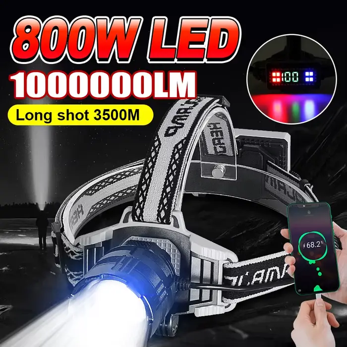 Projecteur frontal LED 1000000LM longue portée 800W rechargeable USB pour pêche professionnelle nocturne