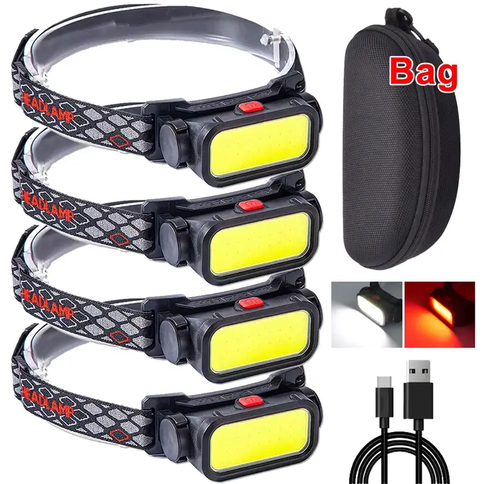 Lampe frontale COB LED rechargeable USB 4 modes avec batterie 18650 pour camping et pêche