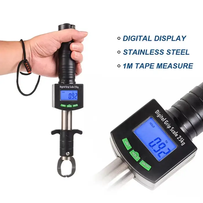 Pince à poisson digitale grip avec pesée et mesure règle inox pour pêche en mer et rivière