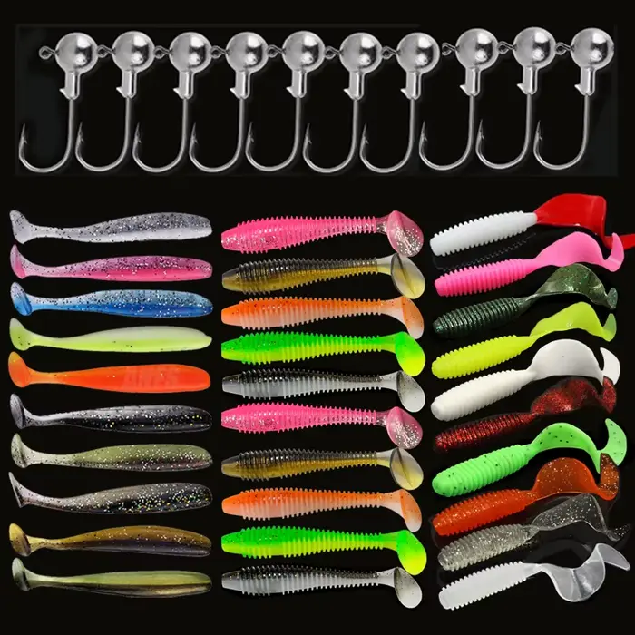 Kit leurres souples 10-30 pièces avec têtes plombées - Leurres silicone pour carnassiers