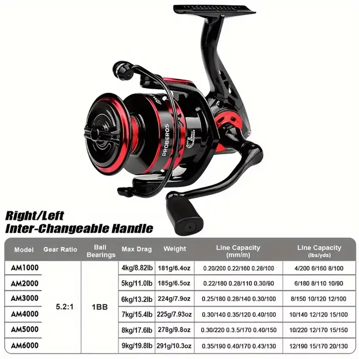 Moulinet de pêche spinning PROBEROS 5.2:1 ratio 1000 à 6000 frein max 9kg bobine métal accessoires