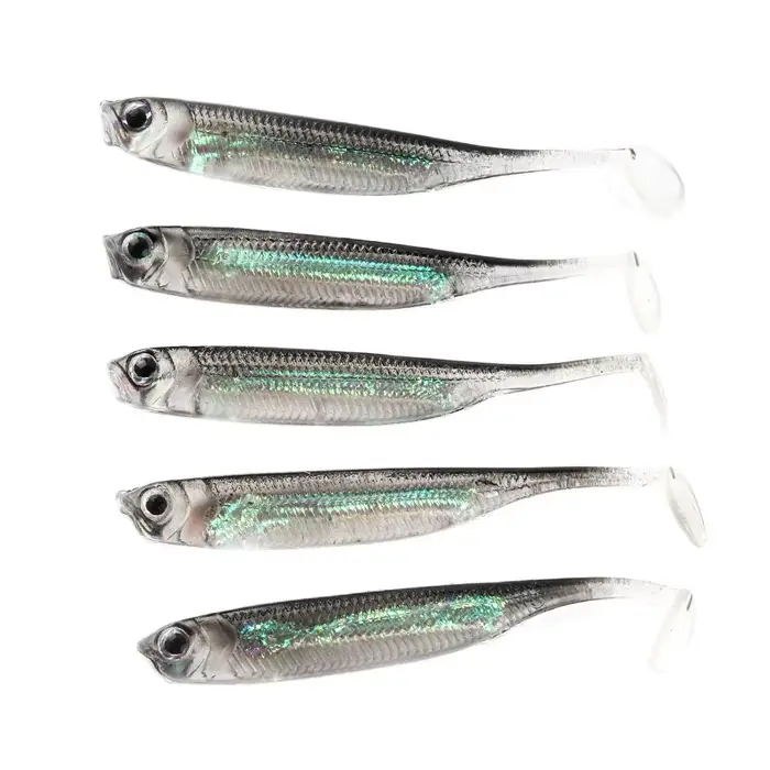 Lot 5 leurres souples T Tail 7-7.5cm - Appâts arc-en-ciel à paillettes pour pêche spinner