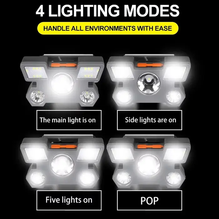 Lampe frontale pêche rechargeable 5 LED - Batterie intégrée lumière forte pour pêche nocturne camping