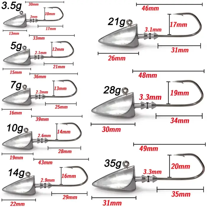 5 têtes plombées métal 3.5g à 35g - Hameçons sharp pour Texas Rig et leurres souples