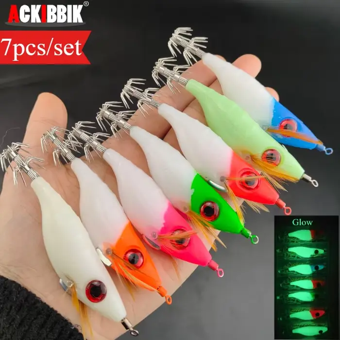 Ackibbik 7pcs Glow Squid Jig 10cm - Leurres calmars lumineux fluo pour pêche mer nocturne