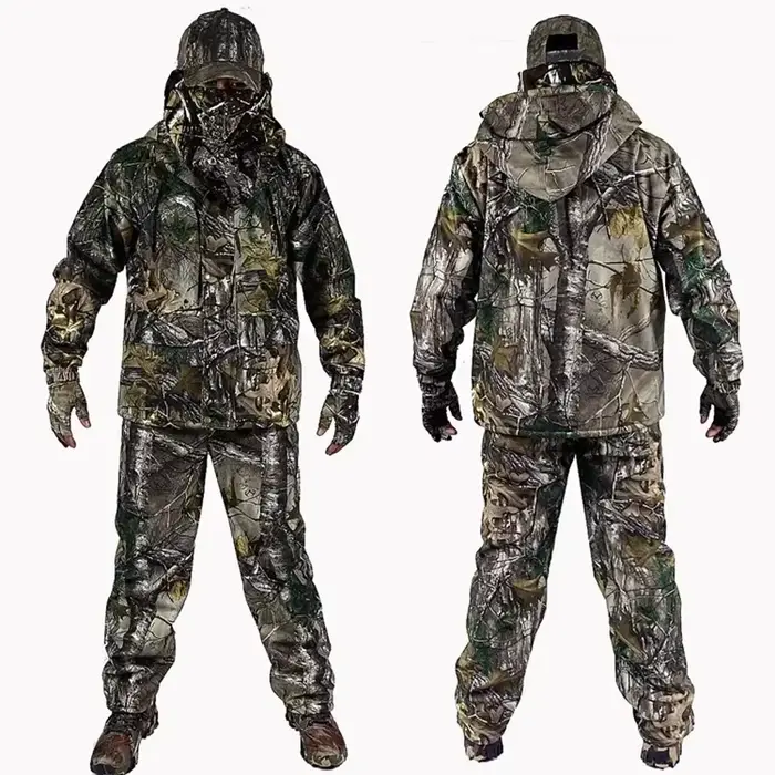 Tenue camouflage bionique 4 pièces hiver pour pêche en eau froide - Veste pantalon gants bonnet