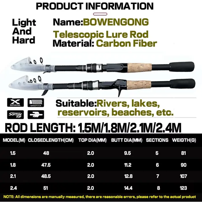 Canne leurre télescopique 1.5M à 2.4M carbone spinning, manche bois, casting 8g-25g, matériel pêche ultraléger