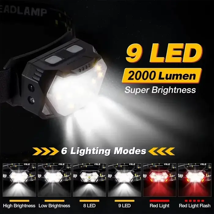 Lampe frontale USB rechargeable détecteur de mouvement 9 LED puissante pêche camping portable travail