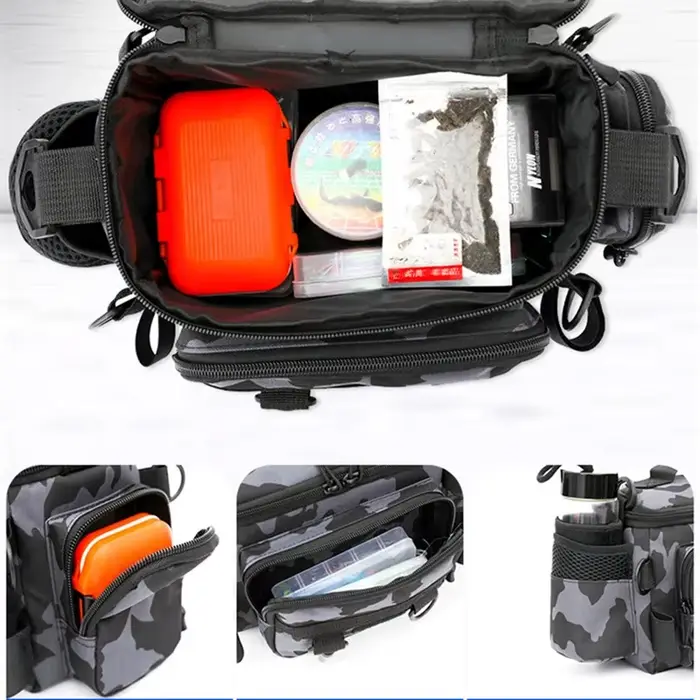 Sac ceinture épaule rangement équipement pêche noir avec porte-canne sports extérieurs pêche