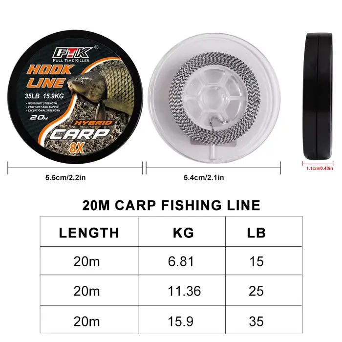 Ligne de pêche carpe NGB 20m sans plomb camouflage 8 brins pour feeder et hair rig