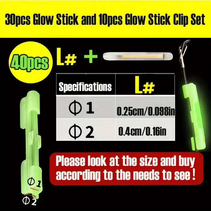 Kit 40 pièces bâtons lumineux pêche de nuit - 30 sticks + 10 clips fluorescents accessoires