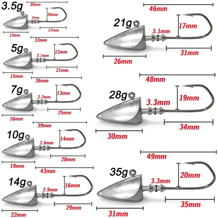 Têtes plombées métal 5 pièces 3.5g à 35g - Hameçons jig pour pêche au leurre souple Texas rig