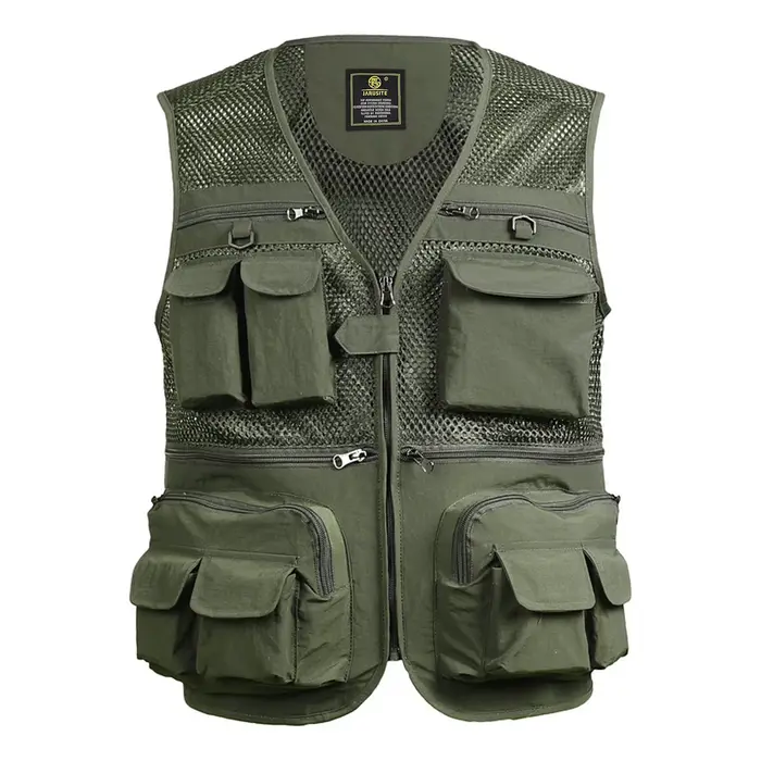 Veste de pêche respirante en mesh avec poches zippées pour activités extérieures été