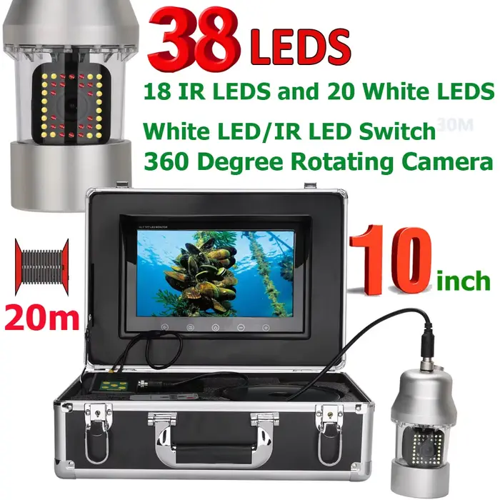 Caméra sous-marine rotative 360° pour pêche - Fishfinder vidéo 10 pouces IP68 avec 38 LED