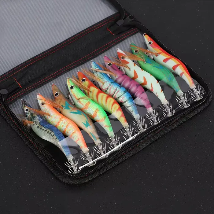 Leurre pêche crevette bois lumineux 3D yeux appât dur wobbleur leurre calmar 10 pièces