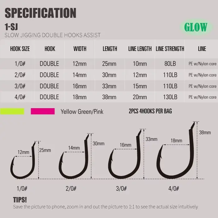 Hameçons Mustad Glow Slow Jigging Twin Assist pour la pêche au dorade en mer