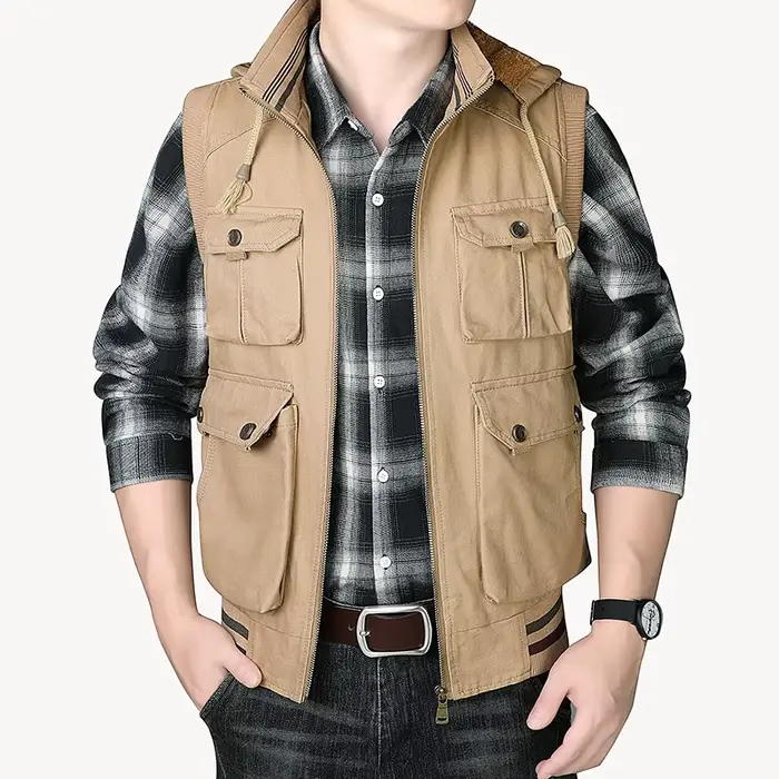 Gilet homme chaud hiver sans manches en laine et coton, vestes casual épais pour pêche