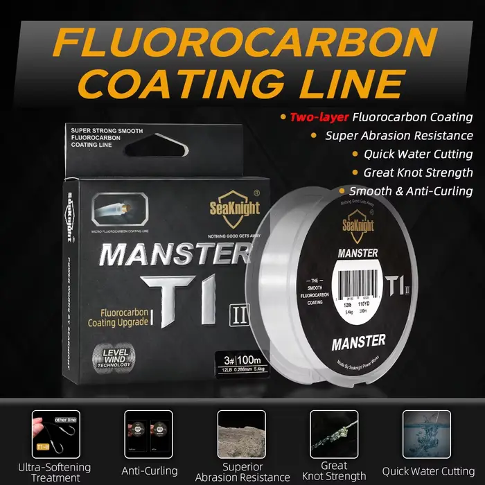 Ligne de pêche fluorocarbone MANSTER T1 II SeaKnight, gainage double couche 100m, forte densité 3-35LB