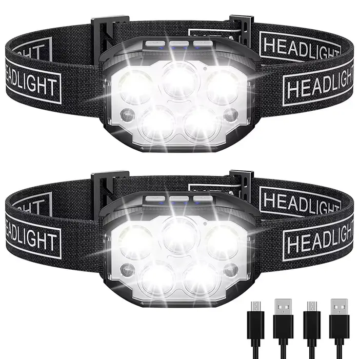Lampe frontale LED 1200 lumens étanche avec capteur de mouvement rechargeable pour pêche en conditions humides