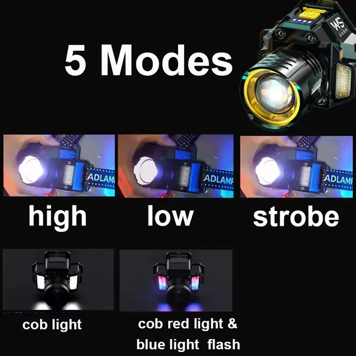 Lampe frontale pêche 300LM à induction - 5 modes éclairage - Zoom télescopique - Lumières latérales rouge et bleue