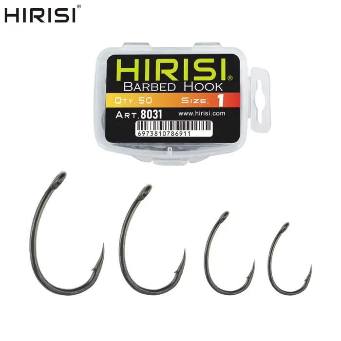 Hameçons de pêche Hirisi 50 pièces acier inoxydable carbone haute résistance avec œil et barbelés PTFE 8031