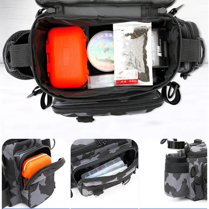 Sac à dos de pêche noir avec porte-canne - Sac bandoulière et ceinture pour matériel de pêche extérieur