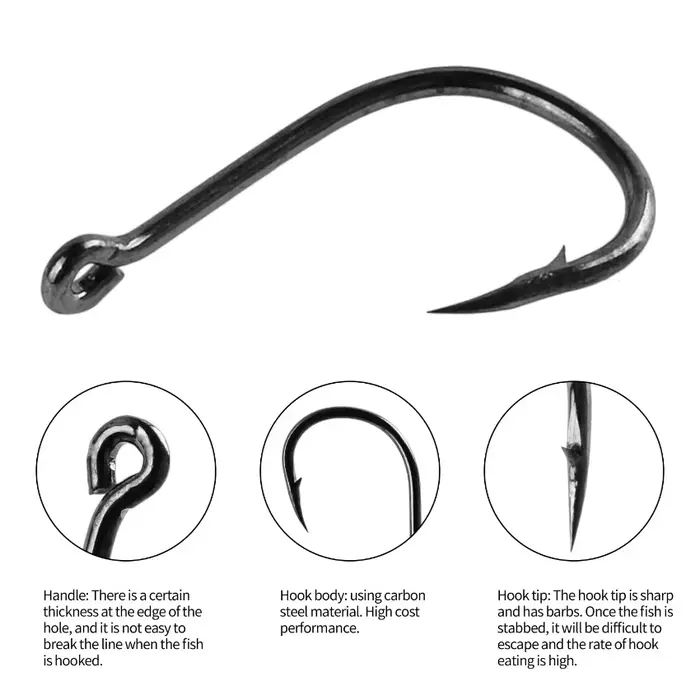 Hameçons carbone Aorace 100 pièces - Set pêche mer et carpe avec ardillons barbelés