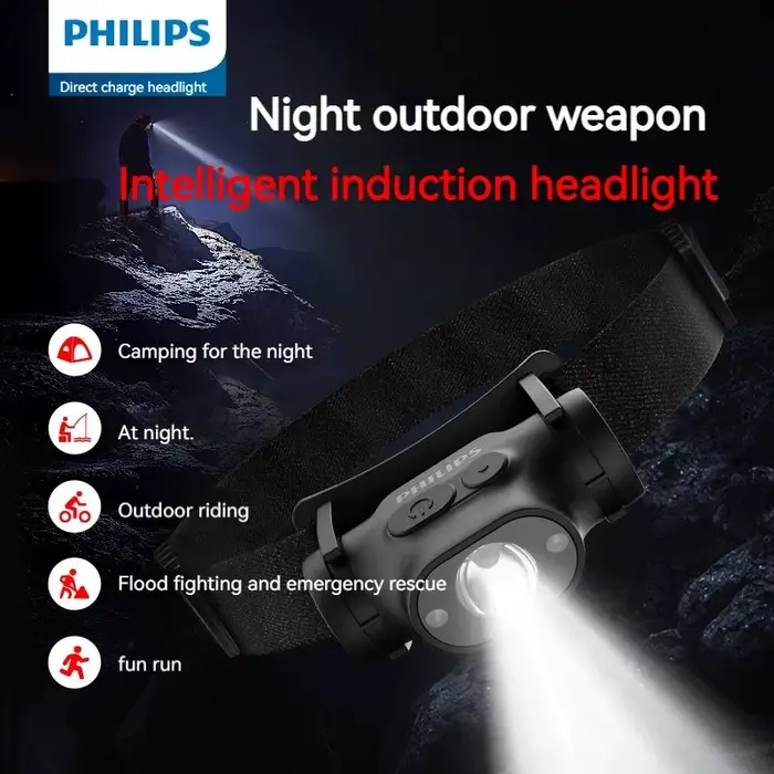 Lampe frontale pêche Philips LED capteur rechargeable Type-C pour pêche camping éclairage qualité