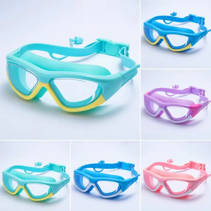 Lunettes de natation enfants haute définition anti-buée silicone grand angle grand cadre étanches bouchons oreilles