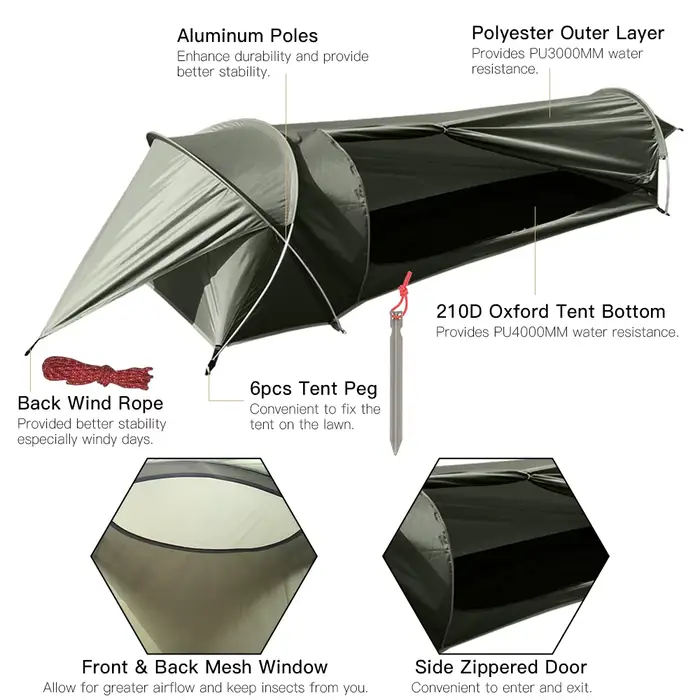 Tente tunnel 1 personne ultralégère 210D Oxford imperméable randonnée pêche camping sac à dos compacte